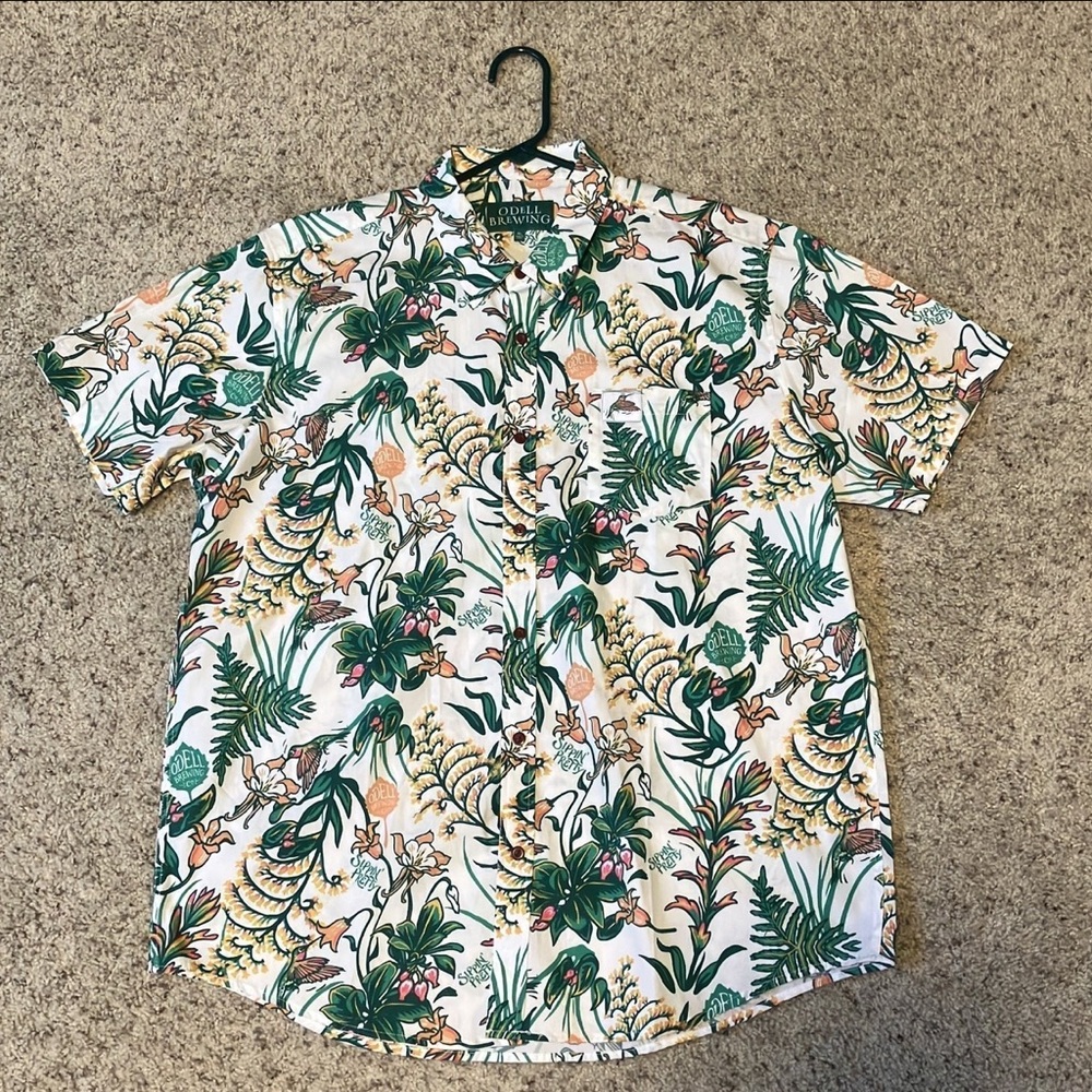 Odell Brewing Mens Short Sleeve Hawaiian button Aloha Shirt XL Humming Bird